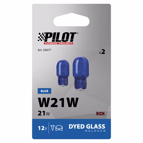 Pilot 12V Blue Dyed Glass, Lampada zoccolo vetro - (W21W) - 21W - W3x16d - 2 pz  - Scatola