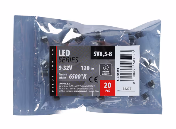 Pilot 12/24V Led Series - 2 SMD x 1 chip - 12x41 mm - SV8,5-8 - 20 pz  - Busta - Bianco - Doppia polarità - Resistenza incorporata