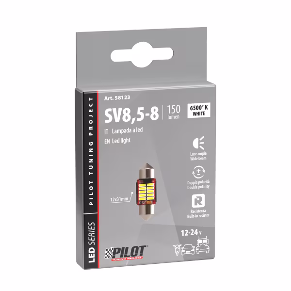 Pilot 12/24V Led Series - 10 SMD x 1 chip - 12x31 mm - SV8,5-8 - 1 pz  - Scatola - Bianco - Doppia polarità - Resistenza incorporata
