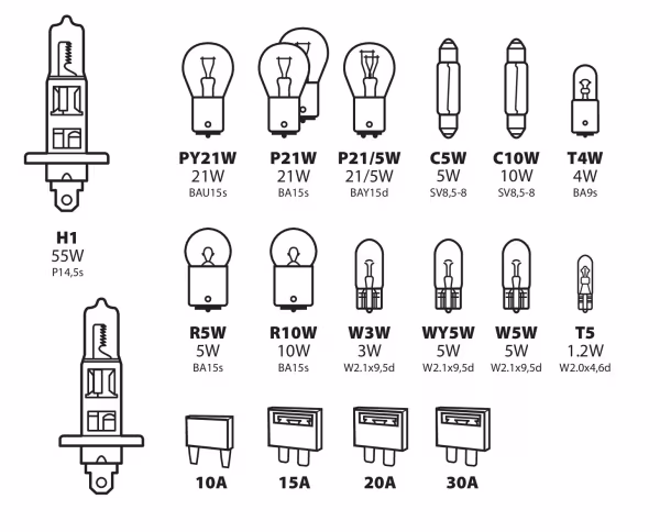 Lampa Kit lampade di ricambio 19 pz, alogena 2x H1 - 12V