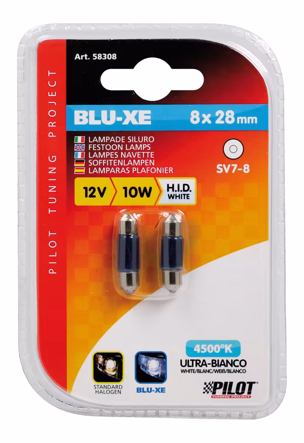 Pilot 12V Lampada siluro Blu-Xe - 8x28 mm - 10W - SV7-8 - 2 pz  - D/Blister
