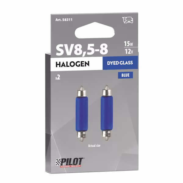 Pilot 12V Blue Dyed Glass, Lampada siluro - 11x44 mm - 15W - SV8,5-8 - 2 pz  - Scatola