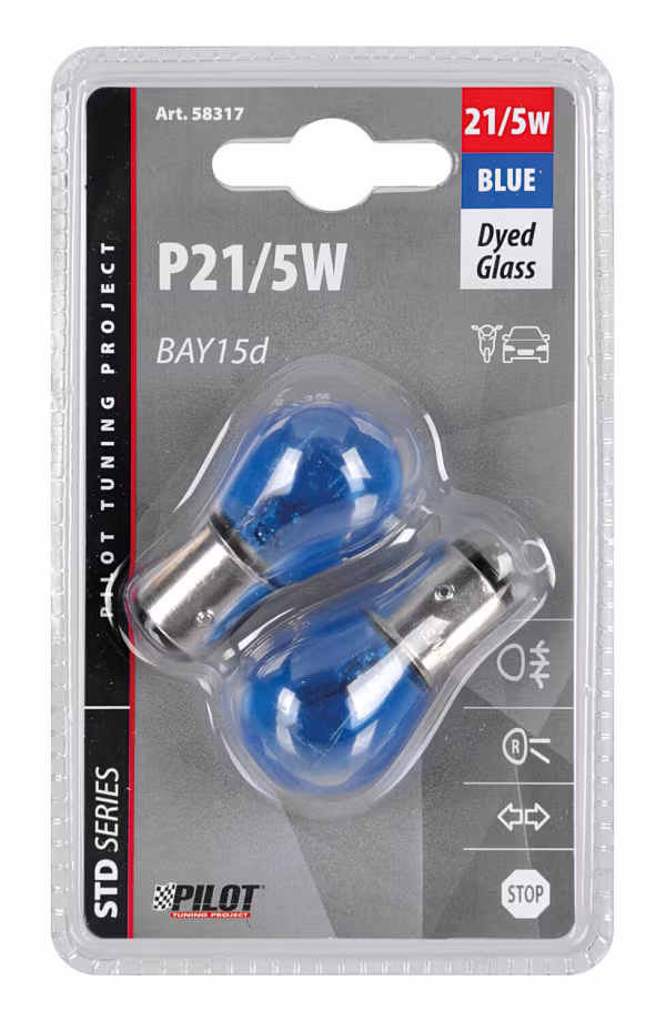 Pilot 12V Blue Dyed Glass, Lampada 2 filamenti - (P21/5W) - 21/5W - BAY15d - 2 pz  - D/Blister - Blu