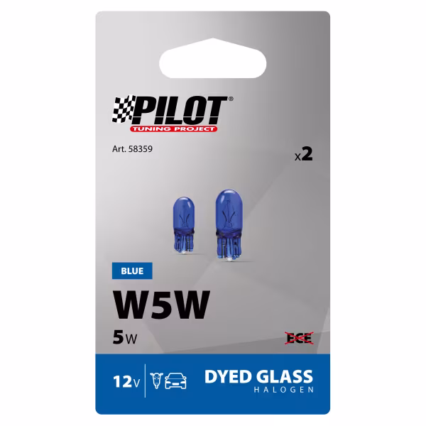 Pilot 12V Blue Dyed Glass, Lampada zoccolo vetro - (W5W) - 5W - W2,1x9,5d - 2 pz  - Scatola