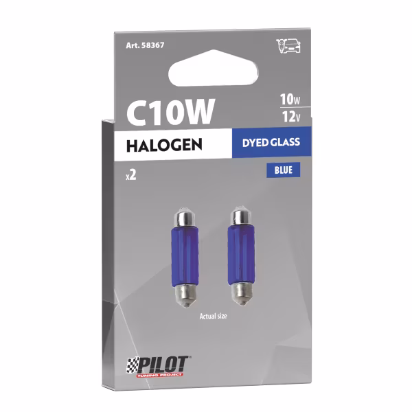 Pilot 12V Blue Dyed Glass, Lampada siluro - (C10W) - 11x35 mm - 10W - SV8,5-8 - 2 pz  - Scatola