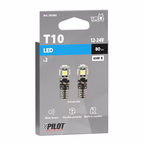Pilot 12/24V Led series - 5 Led SMD - (T10) - W2,1x9,5d - 2 pz  - Scatola - Bianco - Doppia polarità - Resistenza incorporata