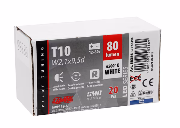 Pilot 12/24V Led series - 5 Led SMD - (T10) - W2,1x9,5d - 20 pz  - Scatola - Bianco - Doppia polarità - Resistenza incorporata