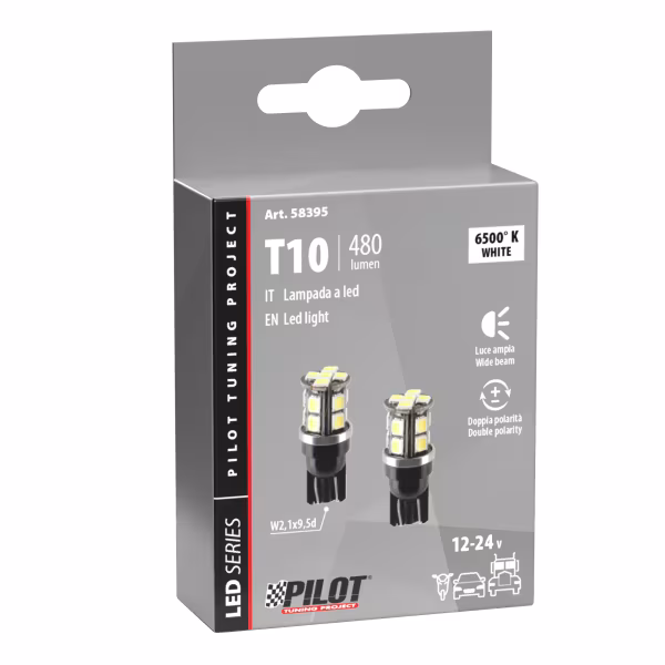 Pilot 12/24V Led series - 15 Led SMD - (T10) - W2,1x9,5d - 2 pz  - Scatola - Bianco - Doppia polarità