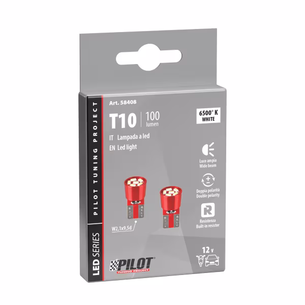 Pilot 12V Led series - 6 Led SMD - (T10) - W2,1x9,5d - 2 pz  - Scatola - Bianco - Doppia polarità - Resistenza incorporata