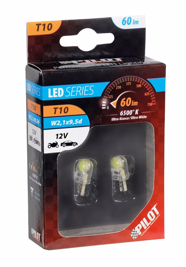 Pilot 12V Led series - 6 Led COB - (T10) - W2,1x9,5d - 2 pz  - Scatola - Bianco
