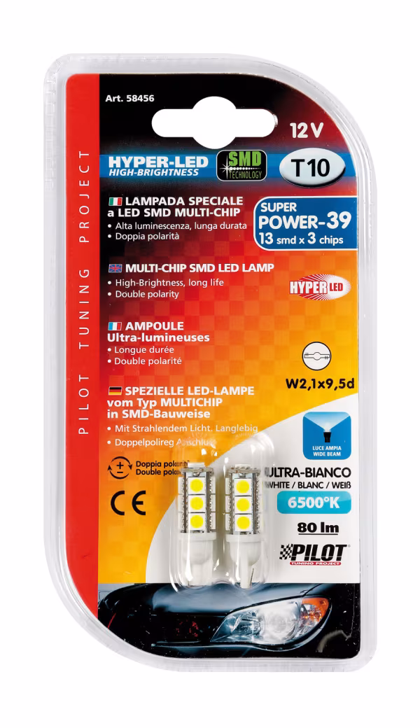 Pilot 12V Hyper-Led 39 - 13 SMD x 3 chips - (T10) - W2,1x9,5d - 2 pz  - D/Blister - Bianco - Doppia polarità