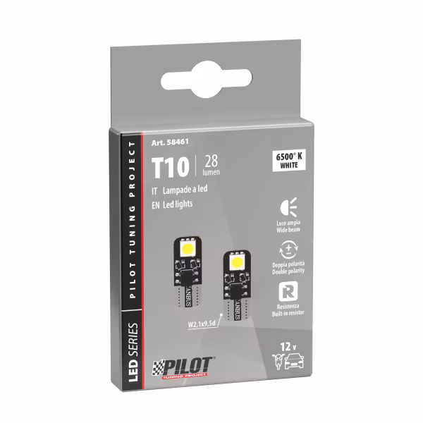 Pilot 12V Hyper-Led 6 - 2 SMD x 3 chips - (T10) - Bifocus - W2,1x9,5d - 2 pz  - Scatola - Bianco - Doppia polarità - Resistenza incorporata