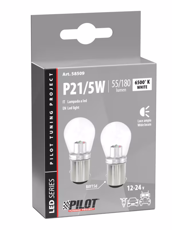 Pilot 12/24V Mega-Led 16 - 1 Smd x 16 chips - (P21/5W) - BAY15d - 2 pz  - Scatola - Bianco