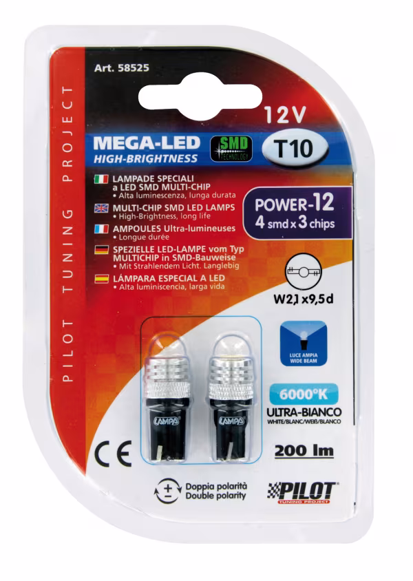 Lampa 12V Mega-Led 12 - 4 Smd x 3 chips - (T10) - W2,1x9,5d - 2 pz  - D/Blister - Bianco - Doppia polarità