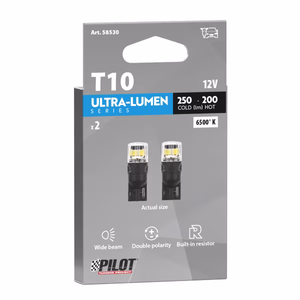 Pilot 12V Ultra-Lumen Series - (T10) - W2,1x9,5d - 2 pz  - Scatola - Bianco - Doppia polarità - Resistenza incorporata
