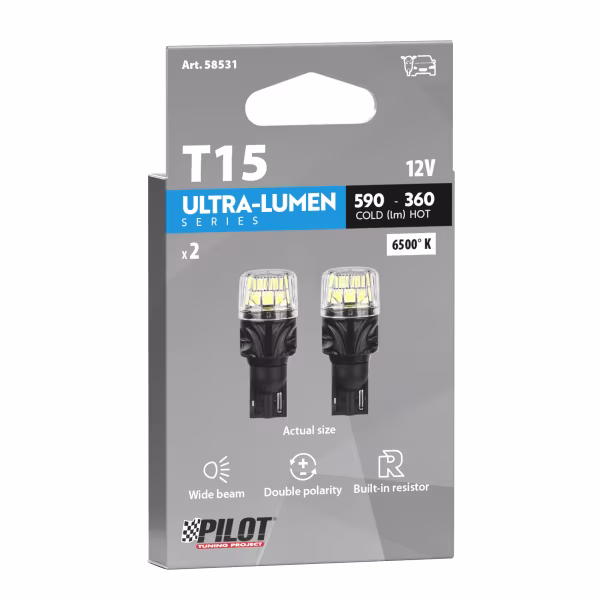 Pilot 12V Ultra-Lumen Series - (W16W) - W2,1x9,5d - 2 pz  - Scatola - Bianco - Doppia polarità - Resistenza incorporata
