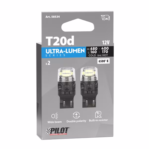 Pilot 12V Ultra-Lumen Series - (W21/5W) - W3x16q - 2 pz  - Scatola - Bianco - Doppia polarità - Resistenza incorporata