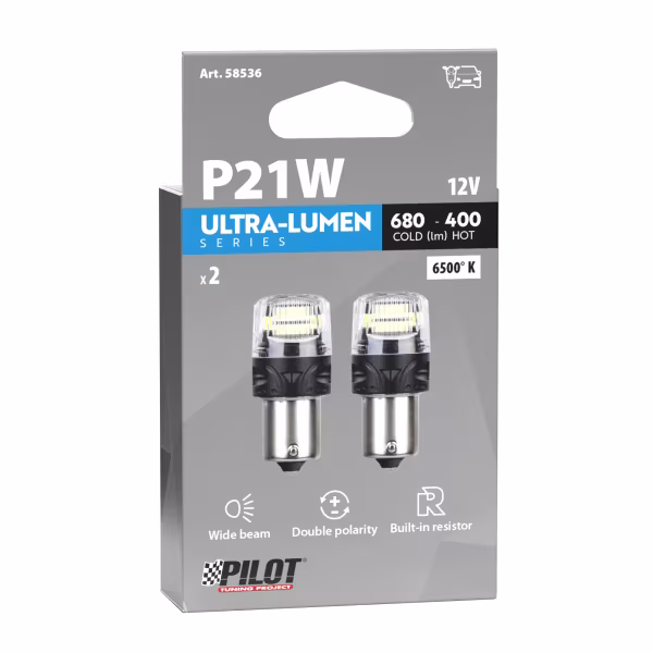 Pilot 12V Ultra-Lumen Series - (P21W) - BA15s - 2 pz  - Scatola - Bianco - Doppia polarità - Resistenza incorporata