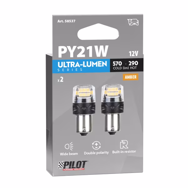 Pilot 12V Ultra-Lumen Series - (PY21W) - BAU15s - 2 pz  - Scatola - Arancio - Doppia polarità - Resistenza incorporata