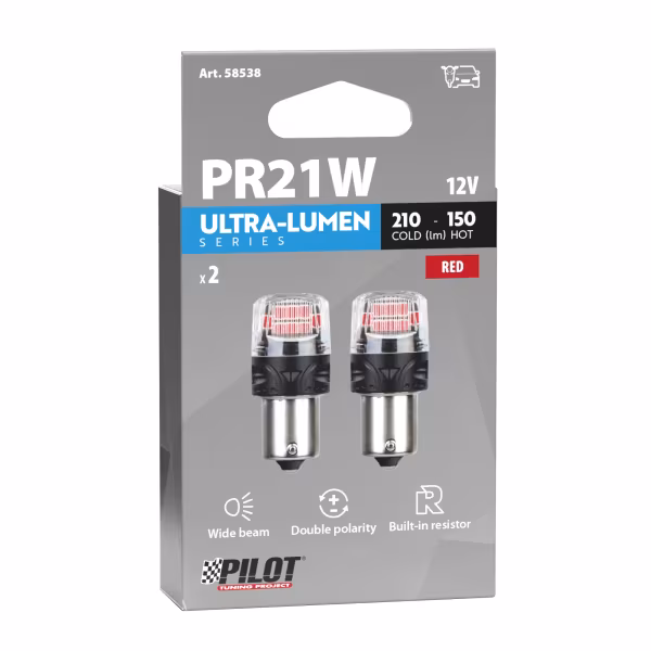Pilot 12V Ultra-Lumen Series - (PR21W) - BAW15s - 2 pz  - Scatola - Rosso - Doppia polarità - Resistenza incorporata