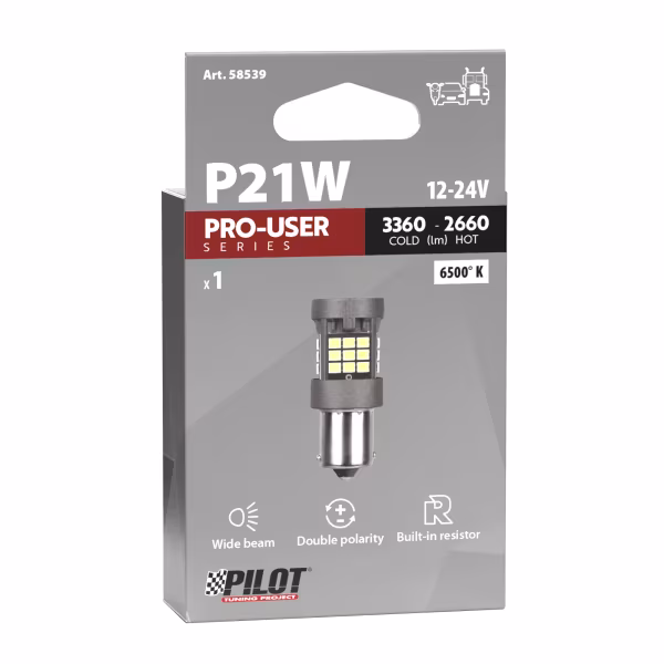 Pilot 12/24V Pro-User Series - (P21W) - BA15s - 1 pz  - Scatola - Bianco - Doppia polarità - Resistenza incorporata