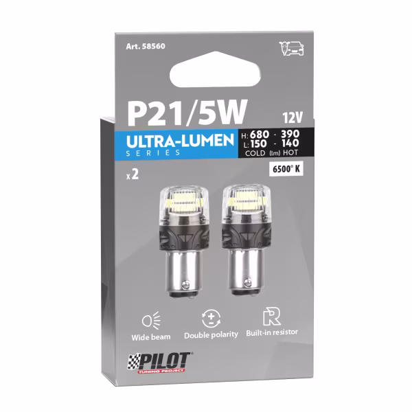 Pilot 12V Ultra-Lumen Series - (P21/5W) - BAY15d - 2 pz  - Scatola - Bianco - Doppia polarità - Resistenza incorporata