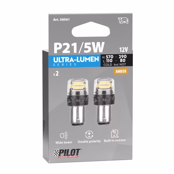 Pilot 12V Ultra-Lumen Series - (P21/5W) - BAY15d - 2 pz  - Scatola - Arancio - Doppia polarità - Resistenza incorporata