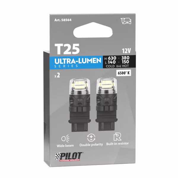 Pilot 12V Ultra-Lumen Series - (P27/7W) - W2,5x16q - 2 pz  - Scatola - Bianco - Doppia polarità - Resistenza incorporata