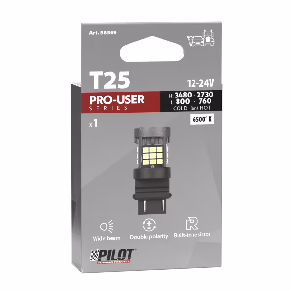 Pilot 12/24V Pro-User Series - (P27/7W) - W2,5x16q - 1 pz  - Scatola - Bianco - Doppia polarità - Resistenza incorporata