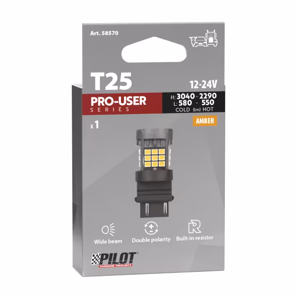 Pilot 12/24V Pro-User Series - (PY27/7W) - W2,5x16q - 1 pz  - Scatola - Arancio - Doppia polarità - Resistenza incorporata