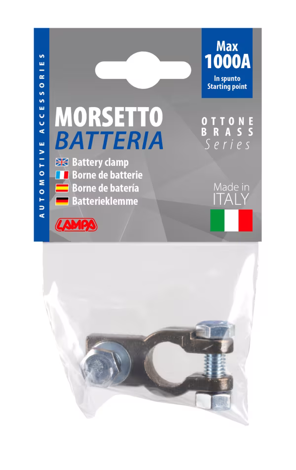 Lampa Morsetto batteria rinforzato; fissaggio cavo a capocorda su vite - foro capocorda Ø 8 mm - Polo negativo