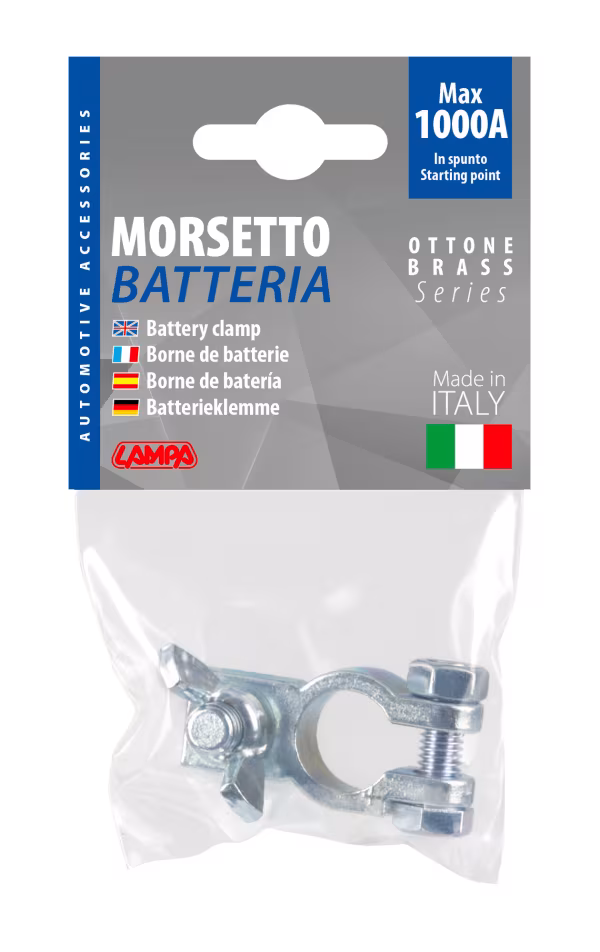 Lampa Morsetto batteria zincato; fissaggio cavo a capocorda con dado ad aletta - Polo positivo - Foro capocorda Ø 10 mm