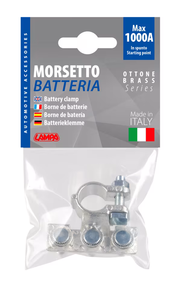 Lampa Morsetto batteria zincato; fissaggio cavo a capocorda su vite - foro capocorda Ø 6/6/6 mm - Polo negativo