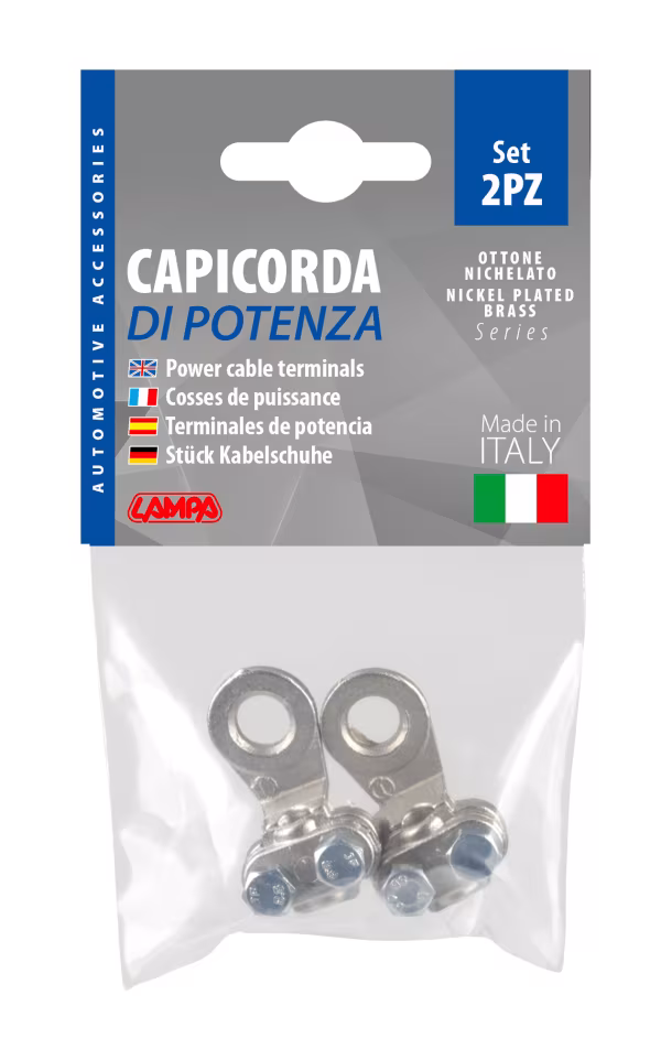 Lampa Set 2 pz capicorda di potenza in ottone nichelato, con fissaggio cavo a piastrina - Sezione 16 mm², foro 8 mm