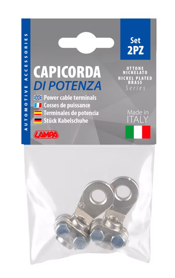 Lampa Set 2 pz capicorda di potenza in ottone nichelato, con fissaggio cavo a piastrina - Sezione 25 mm², foro 8 mm