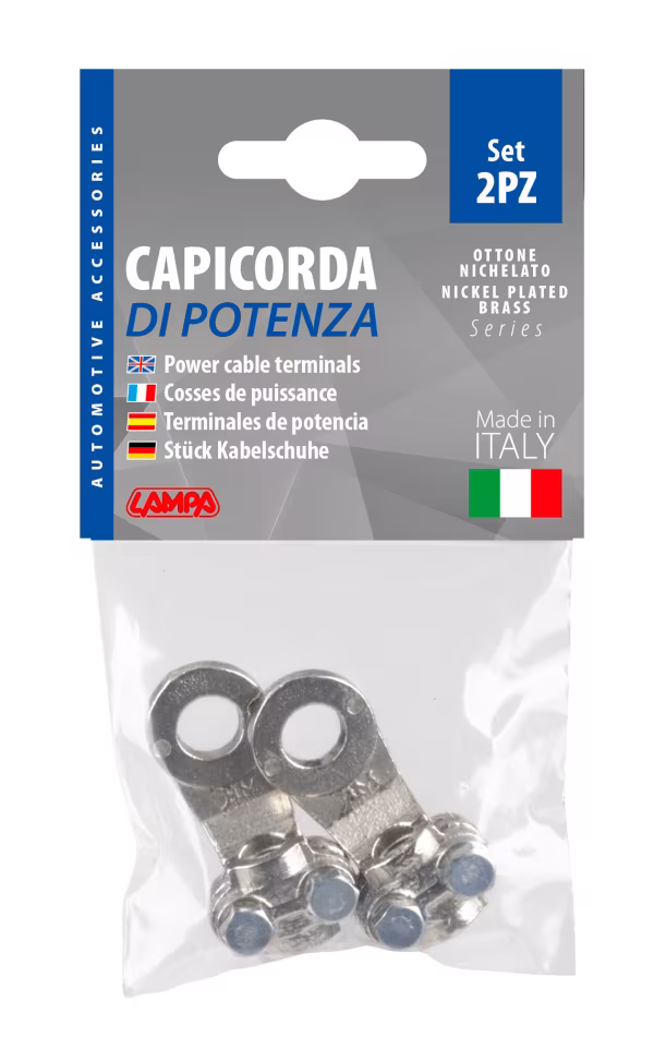 Lampa Set 2 pz capicorda di potenza in ottone nichelato, con fissaggio cavo a piastrina - Sezione 35 mm², foro 10 mm