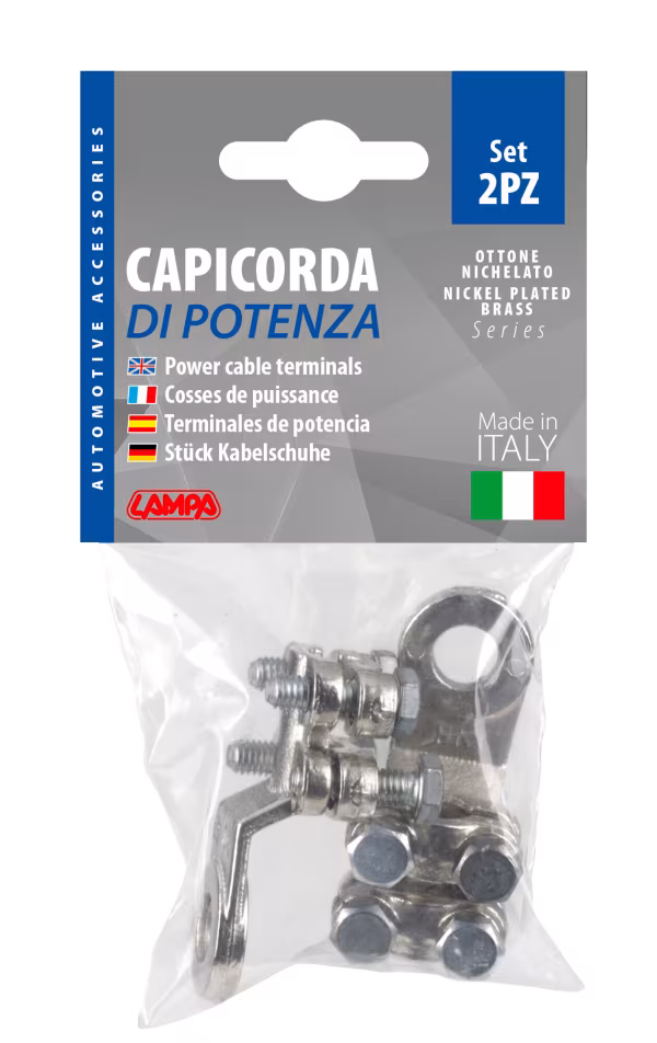 Lampa Set 2 pz capicorda di potenza in ottone nichelato, con fissaggio cavo a doppia piastrina - Sezione 50 mm², foro 10 mm