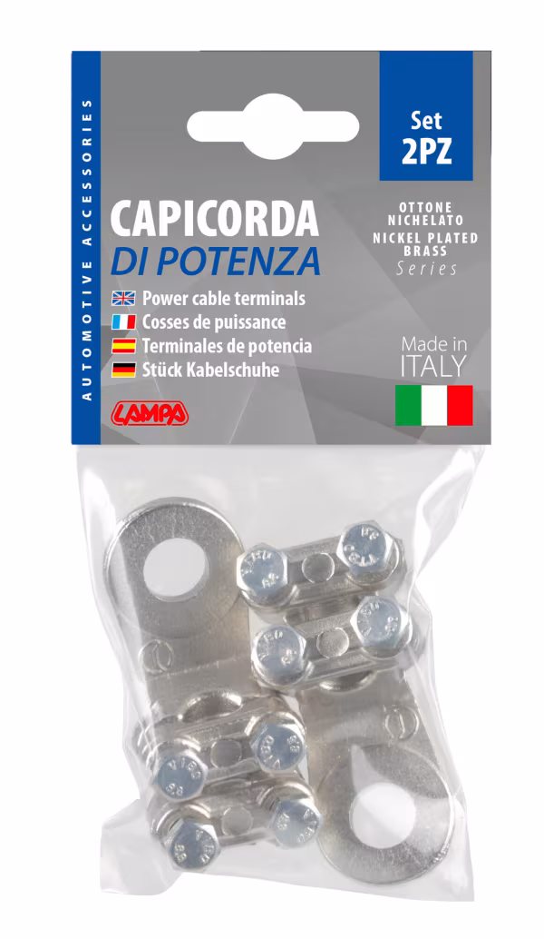 Lampa Set 2 pz capicorda di potenza in ottone nichelato, con fissaggio cavo a doppia piastrina - Sezione 70 mm², foro 12 mm