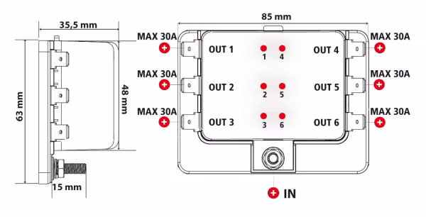 Lampa Fuse Block, scatola portafusibili, 1 entrata - 6 uscite, 12/24V