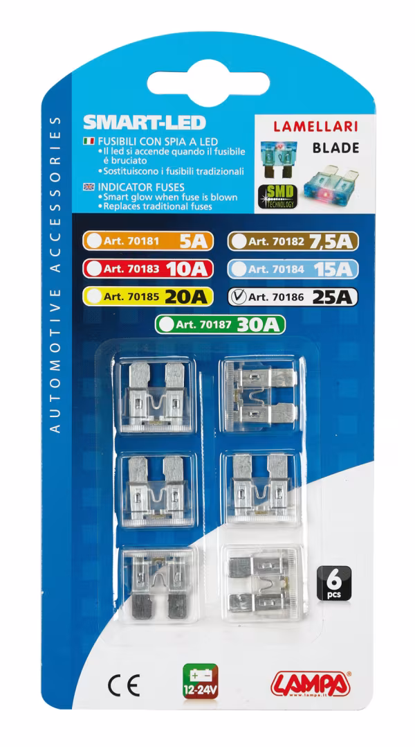 Lampa Smart Led, set 6 fusibili lamellari con spia a led, 12/32V - 25A