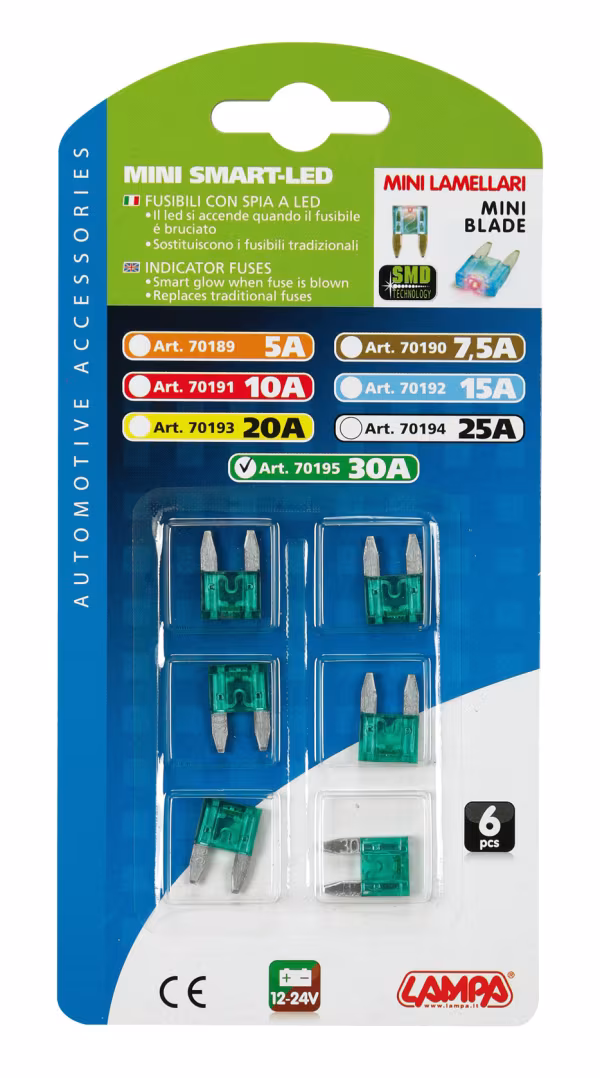 Lampa Smart Led, set 6 micro-fusibili lamellari con spia a led, 12/32V - 30A