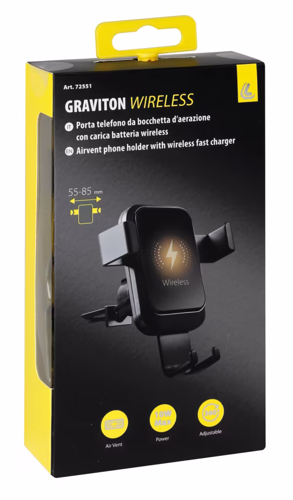 Lampa Graviton Wireless, porta telefono per bocchette d’aerazione con carica batteria wireless