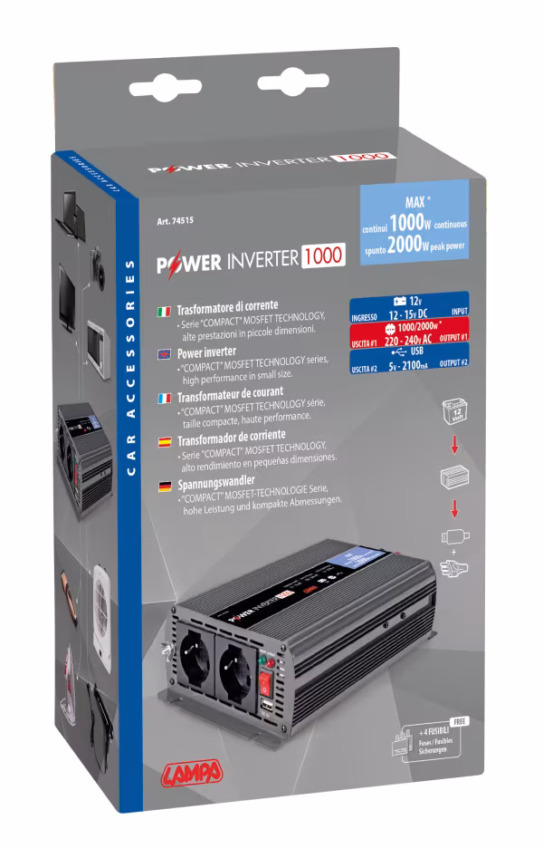 Lampa Power Inverter 1000, trasformatore 12V > 220V