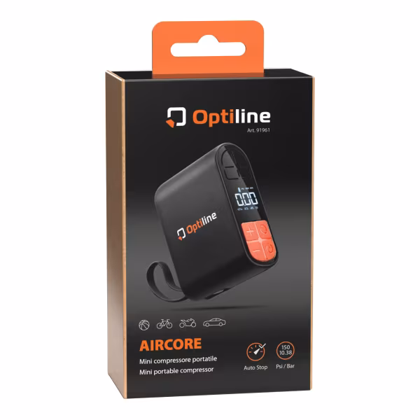 Optiline Aircore, mini compressore elettrico portatile compatibile con auto, moto, bici, palloni