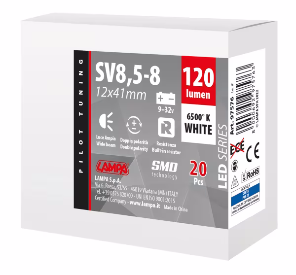 Pilot 12/24V Led Series 2 SMD x 1 chip - 12x41 mm - SV8,5-8 - 20 pz  - Scatola