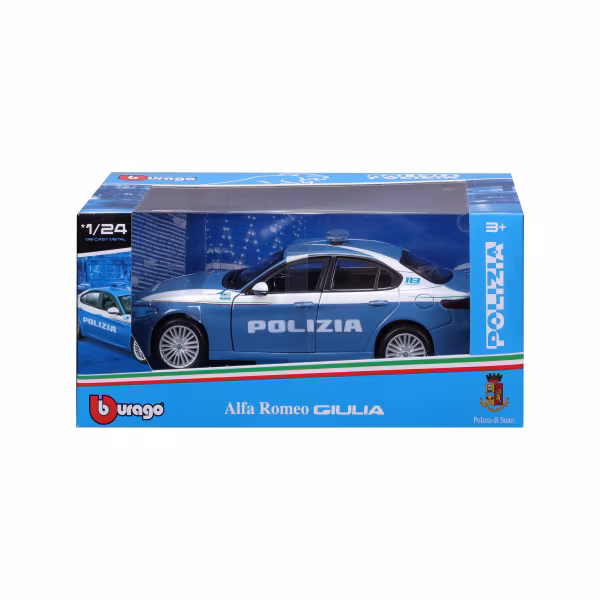 Burago Auto Polizia, Alfa Romeo Giulia / Stelvio, Land Rover Defender assortite, Burago, scala 1:24, scatola vetrina