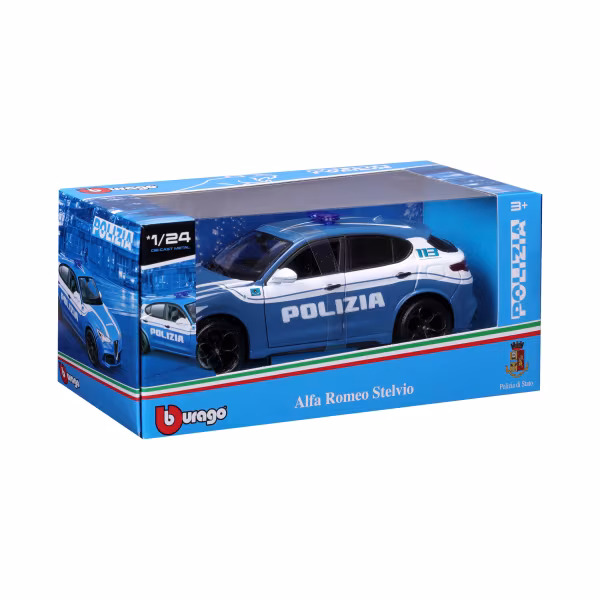 Burago Auto Polizia, Alfa Romeo Giulia / Stelvio, Land Rover Defender assortite, Burago, scala 1:24, scatola vetrina
