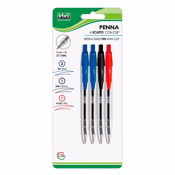 Lampa Penna a scatto con clip, punta diametro 1 mm, set 4 pz
