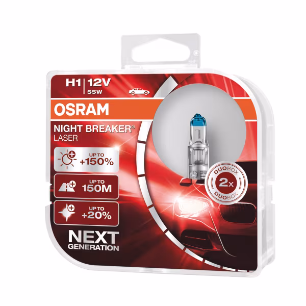 Osram 12V Night Breaker Laser - H1 - 55W - P14,5s - 2 pz  - Scatola Plast.