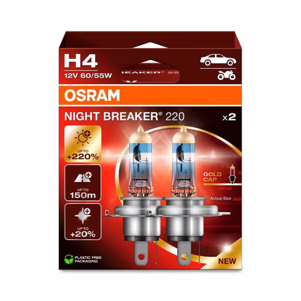 Osram 12V Night Breaker 220 - H4 - 60/55W - P43t - 2 pz  - Scatola